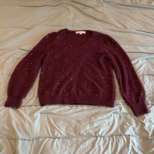 LOFT Burgundy V-Neck Sweater with Sparkle Details
